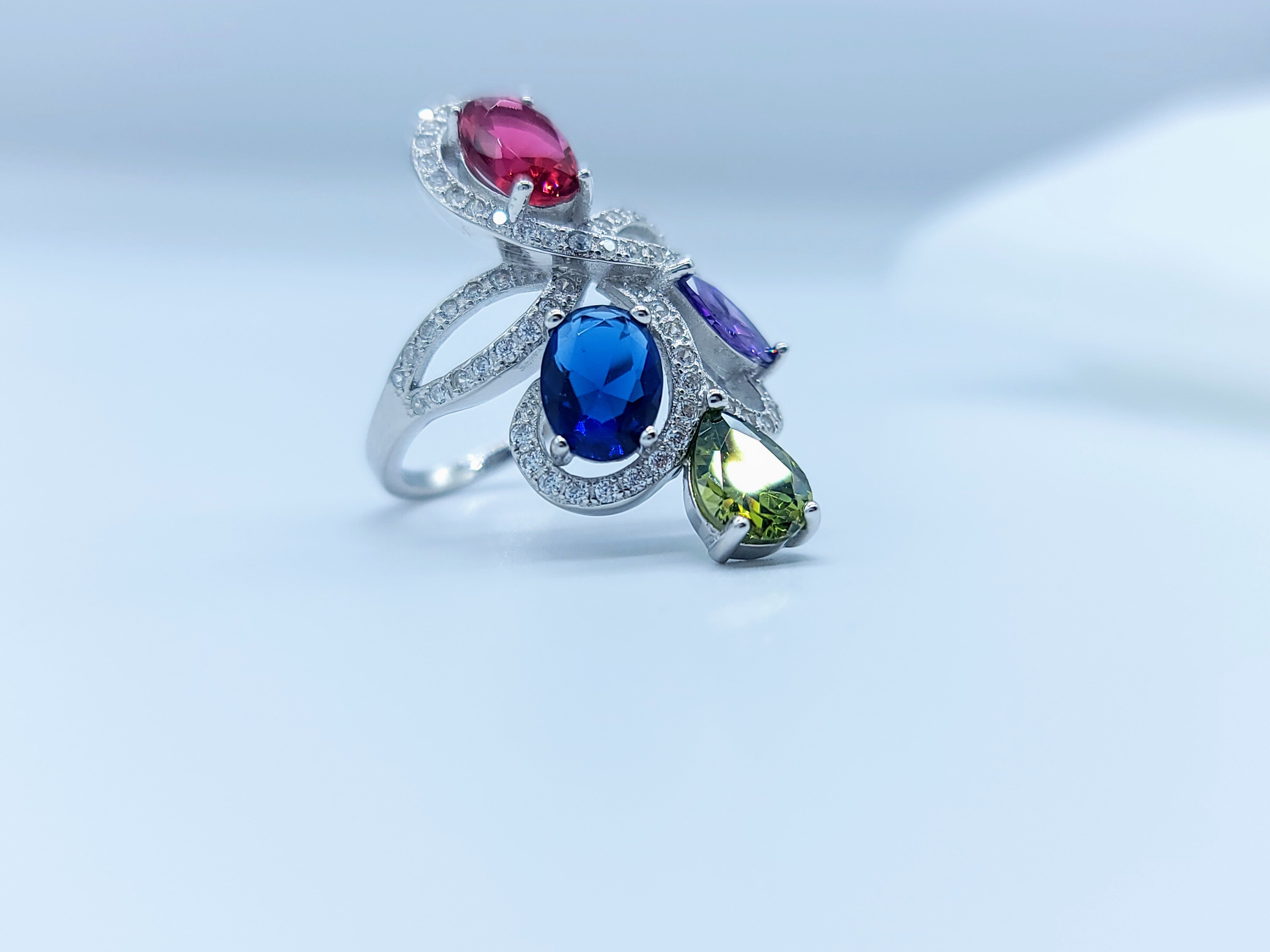 Fancy Multi color Stimulated Stones Sterling Silver Ring