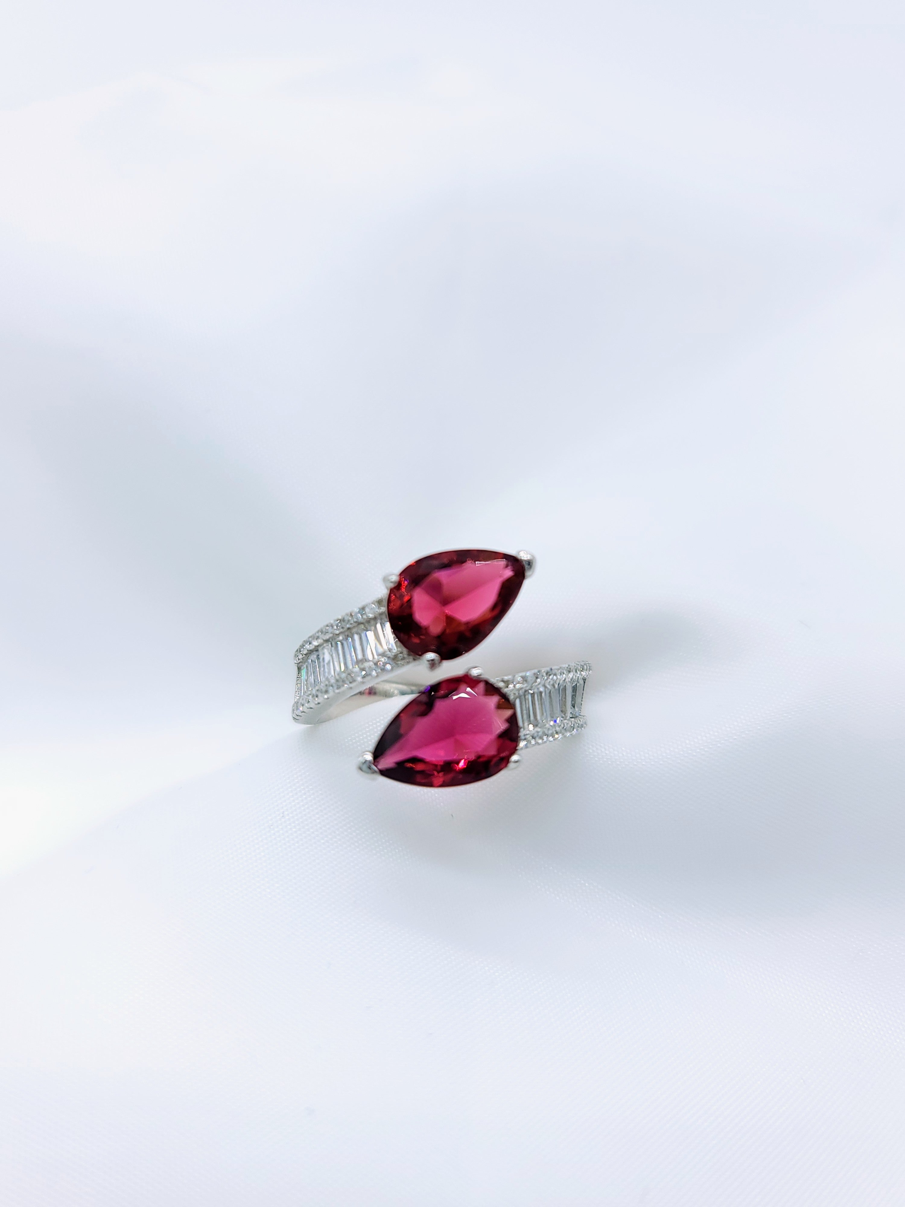Stimulated Pear Ruby and Baguette CZ Fancy Ring