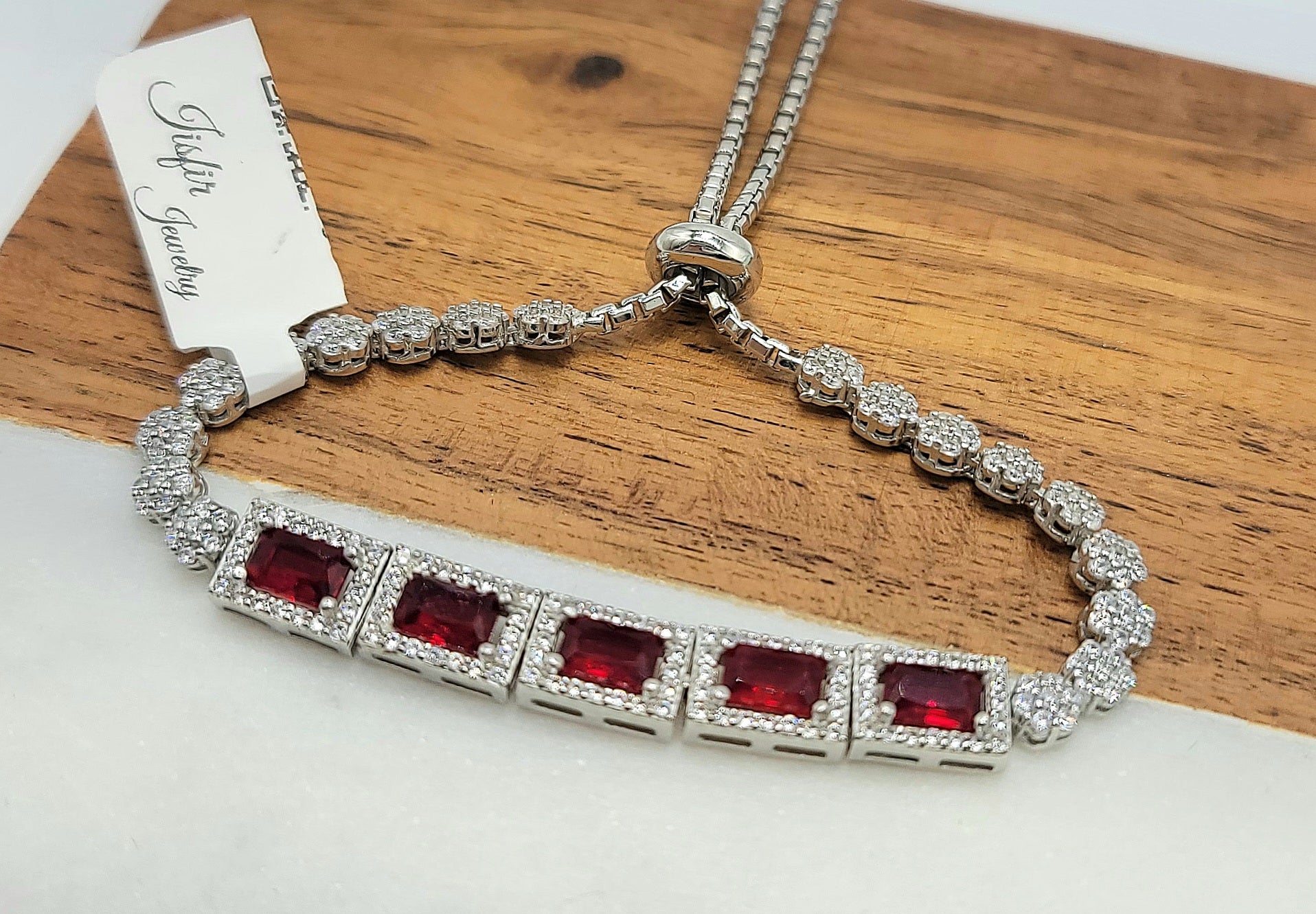 Stimulated Ruby &  CZ Sterling Silver Bolo Bracelet