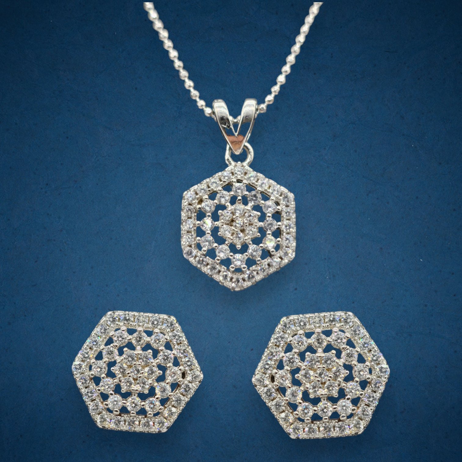 Sterling Silver Pentagon CZ Pendant Necklace & Stud Earrings