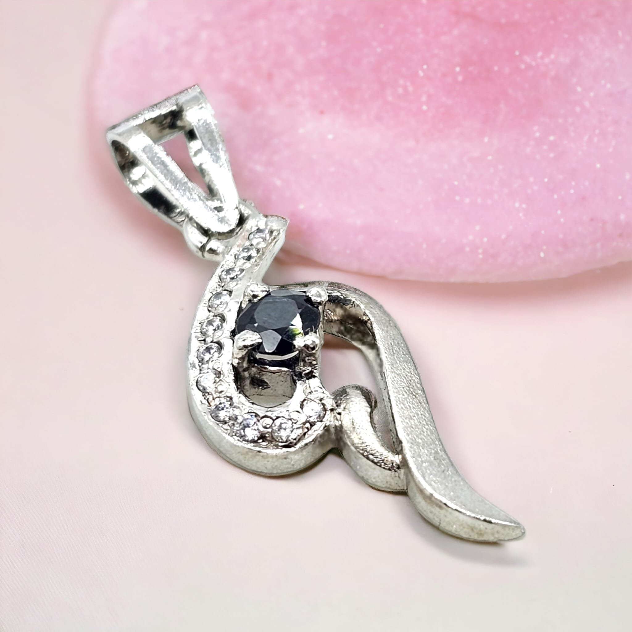 Sterling Silver Pendant with Natural Black Sapphire and CZ