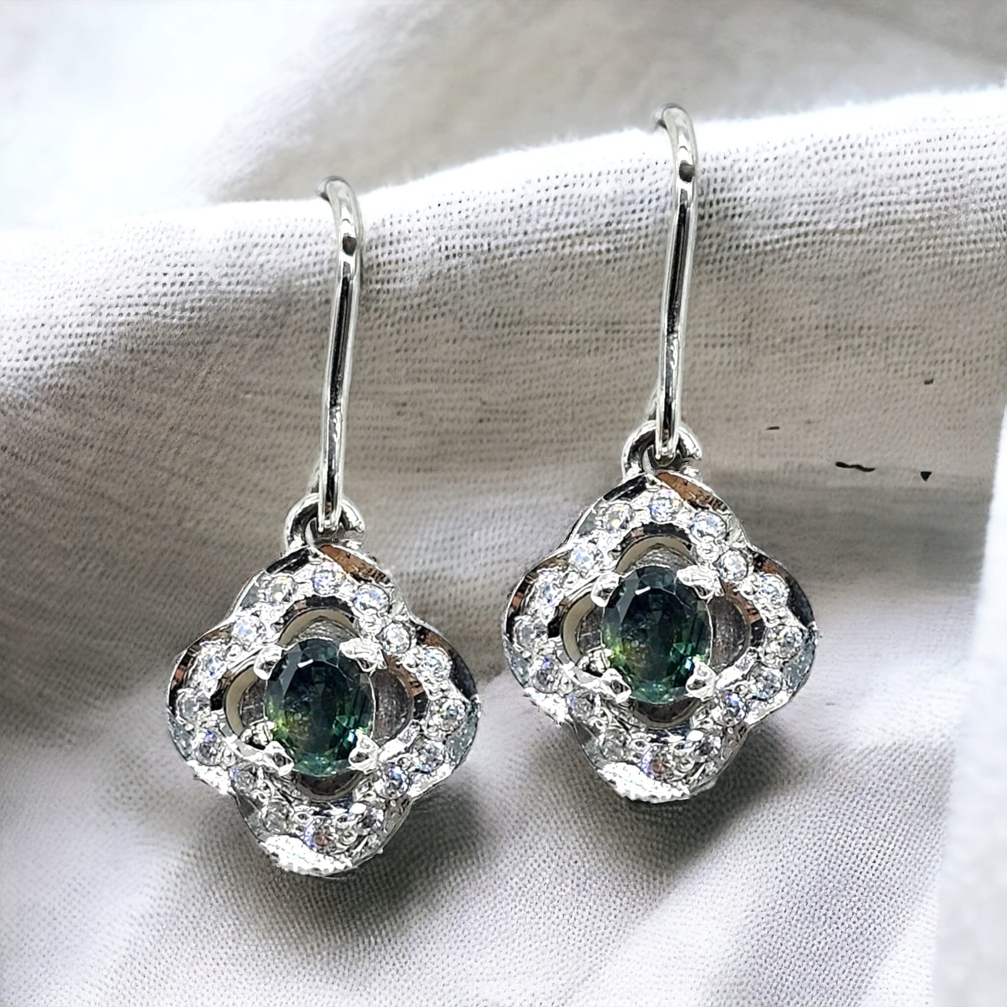 Sterling Silver Natural Green Tourmaline and Cubic Zircon Drop Earrings -