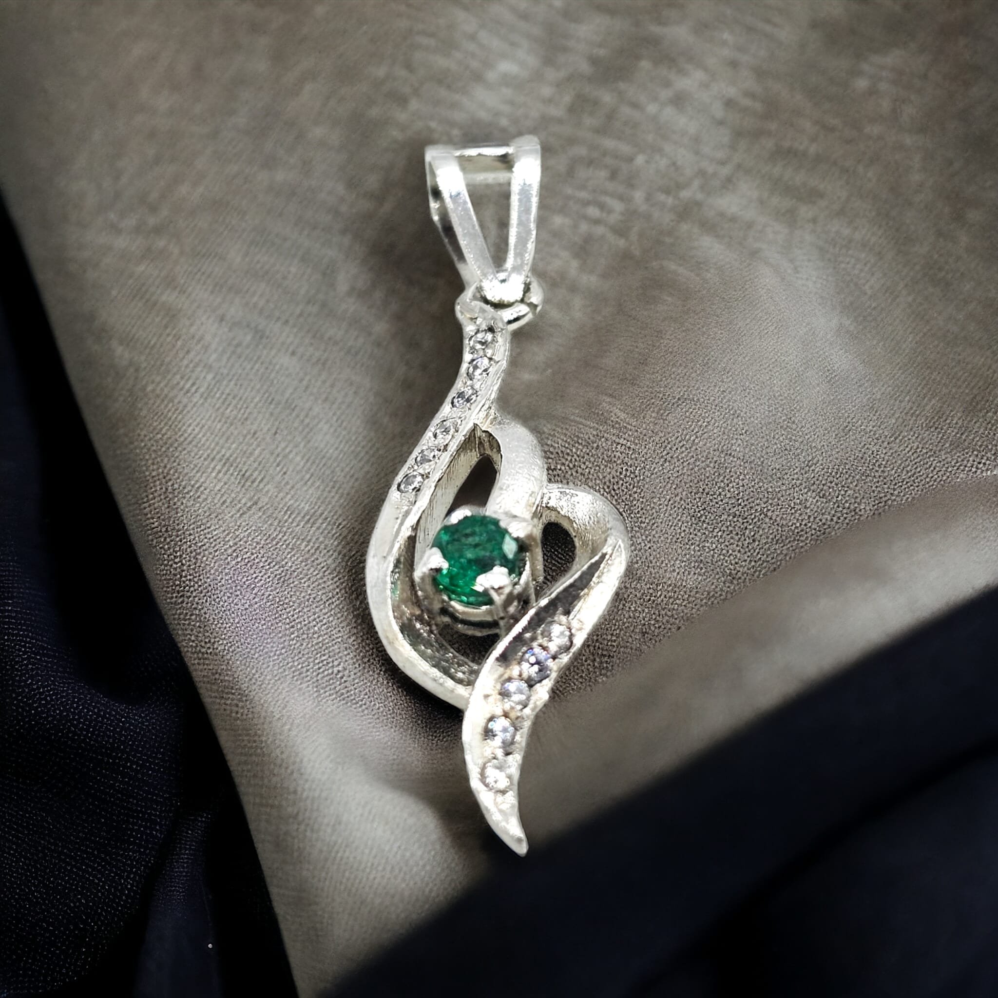 Sterling Silver CZ Pendant with Natural Emerald