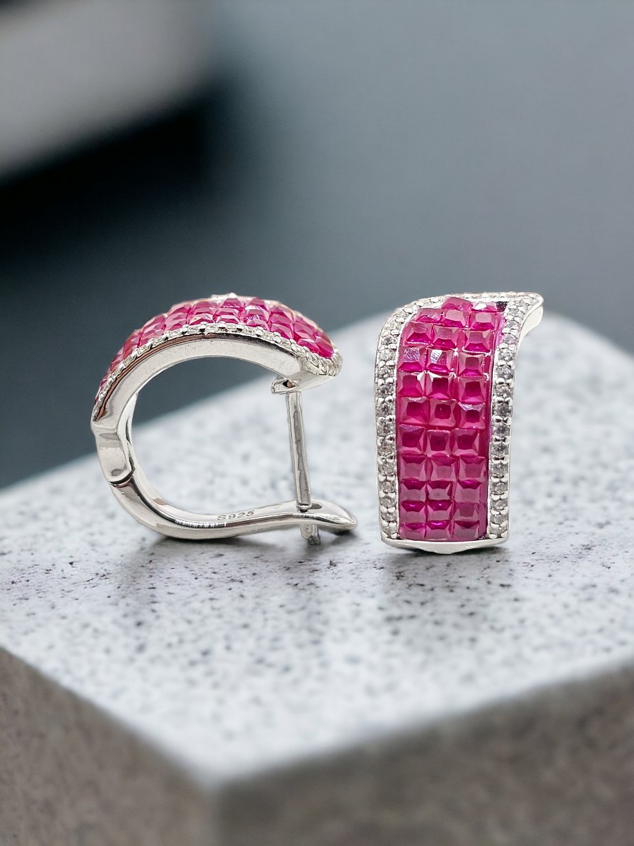Elegant 925 Sterling Silver Earrings Adorned with Cubic Zirconia and Simulated Ruby or Sapphire.