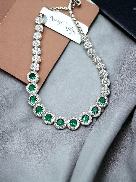 Sterling Silver Simulated Emerald Adjustable Bracelet